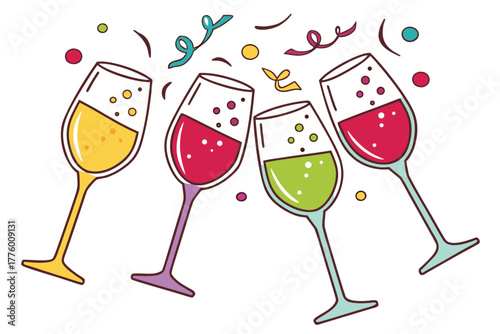 Clinking glasses toast, festive celebration, vector illustration, isolated on white background