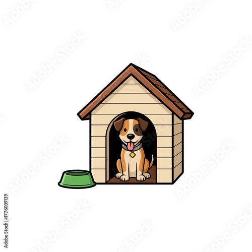 Cartoon dog character sitting happily inside a wooden doghouse with a pet bowl nearby