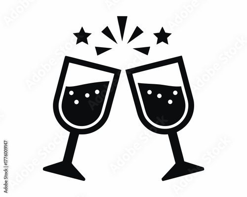 Clinking glasses toast, festive celebration, silhouette  vector illustration, isolated on white background