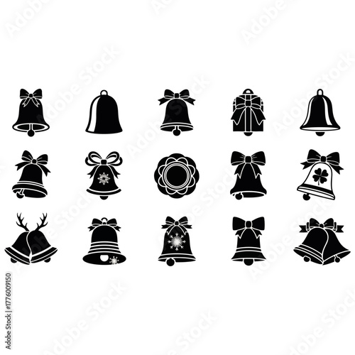 Collection of decorative silhouette bells, festive holiday elements, vector graphic icons, Christmas celebration symbols