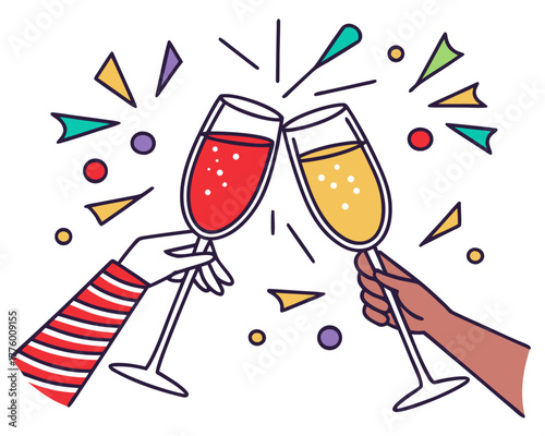 Clinking glasses toast, festive celebration, vector illustration, isolated on white background