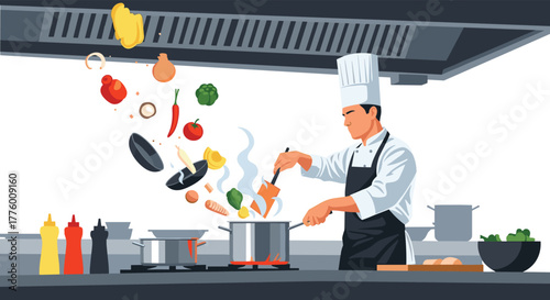 A chef in a professional kitchen tossing ingredients into a pot while cooking.