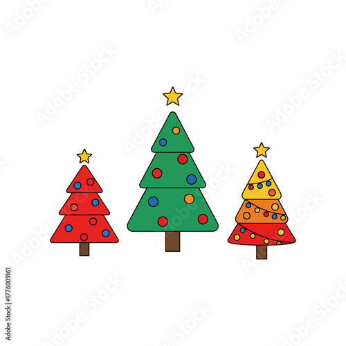 Colorful Christmas trees vector illustration, festive holiday design elements, bright xmas season decorations