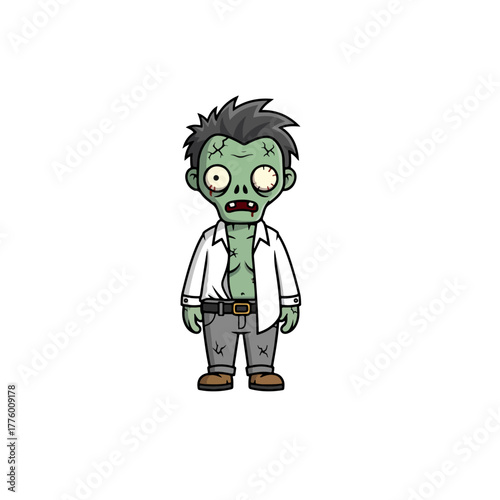 Creepy cute cartoon zombie character illustration, spooky undead monster, Halloween season