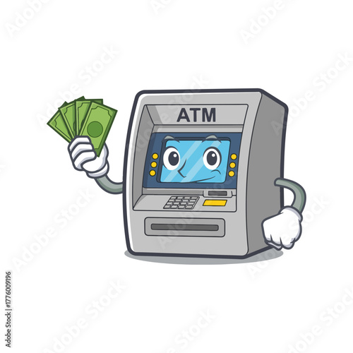 Cute cartoon ATM machine character, smiling and holding a fan of green cash bills, financial concept artwork.