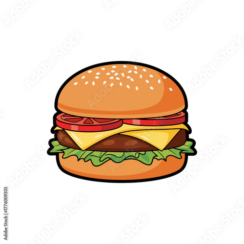 Delicious classic hamburger vector illustration, juicy beef patty, fresh lettuce, cheese, and tomato slices