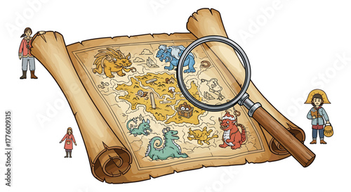 Cartoon map with fantastical creatures and explorers examining it with a magnifying glass.