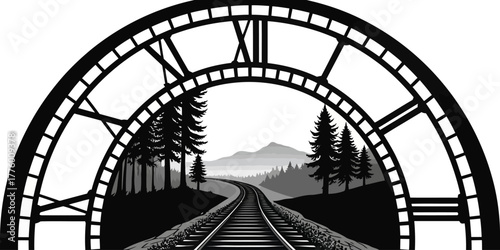 Clock face framing a railroad track leading to mountains and trees in a monochrome landscape view | editable eps vectors silhouette
