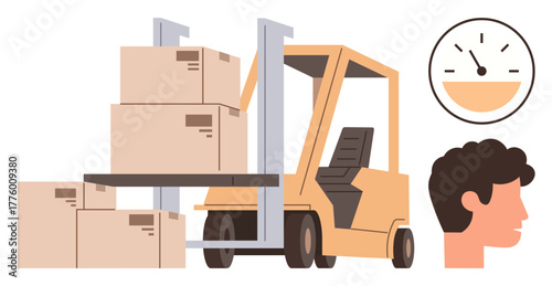 Forklift lifting stacked boxes, speedometer indicating efficiency, and human profile. Ideal for logistics, warehouse management, productivity, supply chain, transportation, speed and teamwork