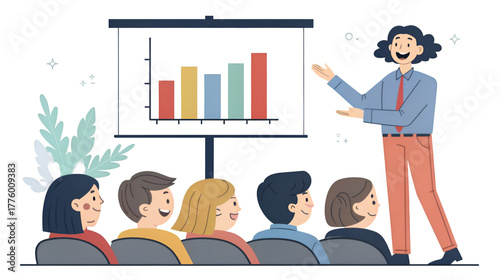 Corporate presenter giving a business presentation with a bar graph to an engaged audience isolated on transparent background