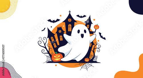 A playful cartoon ghost haunts a spooky house with pumpkins and bats on Halloween night.