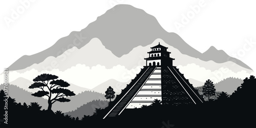 Illustration of a mayan pyramid temple with steps in a mountainous landscape with trees and foliage | editable eps vectors silhouette
