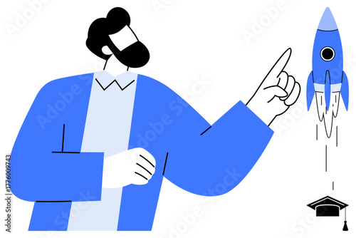 Man pointing towards a launched rocket with graduation cap below. Ideal for education, mentorship, innovation, academic achievement, career growth, guidance, simple flat metaphor