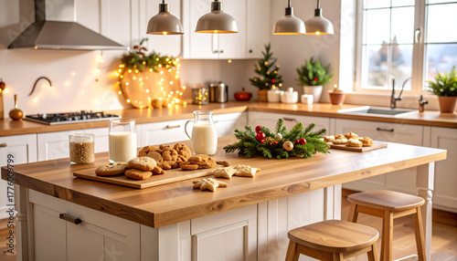 Festive Christmas cookies and milk on a kitchen island, holiday celebration