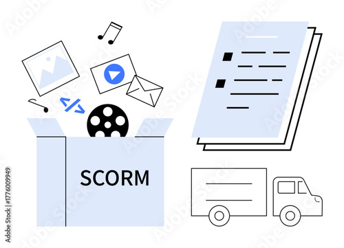 Open box with media assets thumbs up images, videos, code, and emails, SCORM label, documents, and truck icon. Ideal for e-learning, content sharing online courses resource packaging education