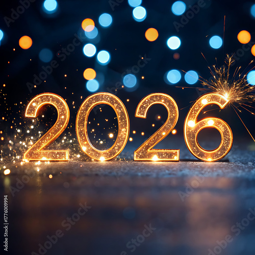 Glowing 2026 numbers with sparkling lights and bokeh background