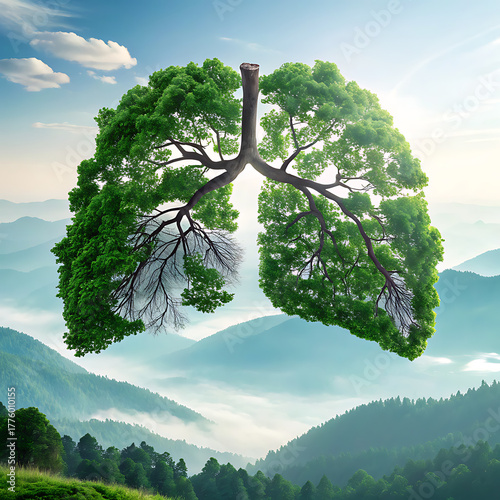 Lungs shaped like a tree with green leaves against a misty mountain landscape