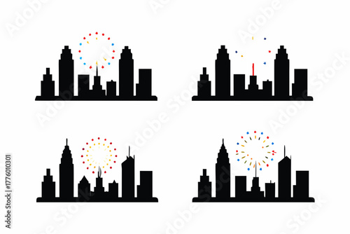 set of City skyline with midnight fireworks, silhouette  vector illustration isolated on white background