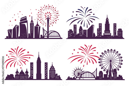City skyline with midnight fireworks, vector illustration isolated on white background