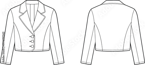 Chic cropped blazer jacket technical fashion drawing, front and back view, classic lapel collar with button closure, elegant outerwear flat illustration