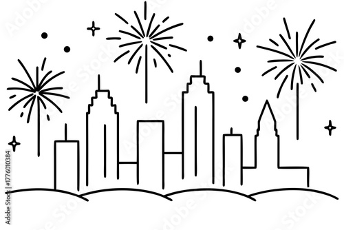 line art City skyline with midnight fireworks, vector illustration isolated on white background