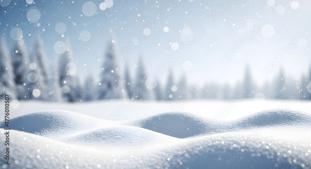 Fototapeta premium Enchanting winter forest landscape with snowfall and soft sunlight breaking through trees