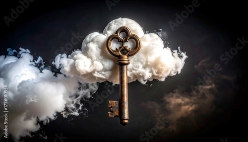 Ornamental key vertically placed over a fluffy white cloud, against a smoky, dark background