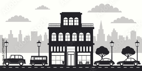 Cityscape view with building cars streetlights and clouds in a monochrome style illustration scene | editable eps vectors silhouette