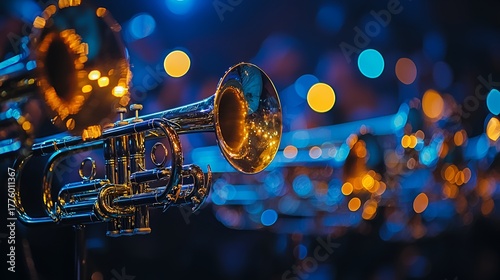 Brass instruments on stage during a jazz performance