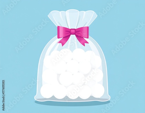Illustration of a clear bag tied with a pink bow, filled with white spheres