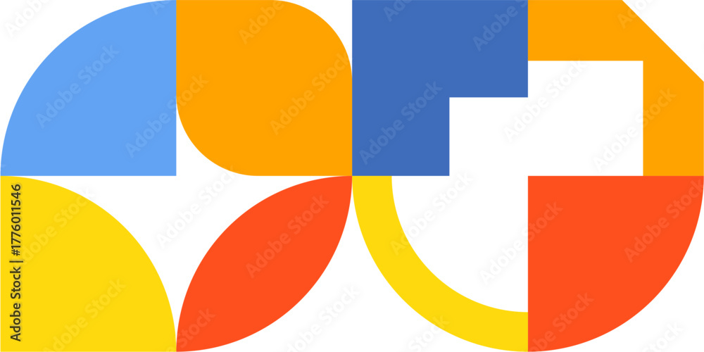 Fototapeta premium Modern abstract geometric pattern with bright shapes in yellow, blue, orange, and red colors. Minimal and vibrant design featuring circles, half circles, and squares. Perfect for backgrounds, posters,