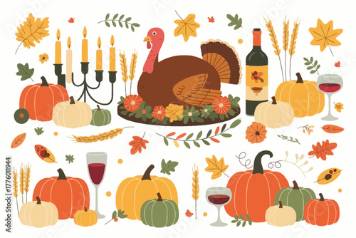 Thanksgiving feast elements with turkey pumpkins wine and candles