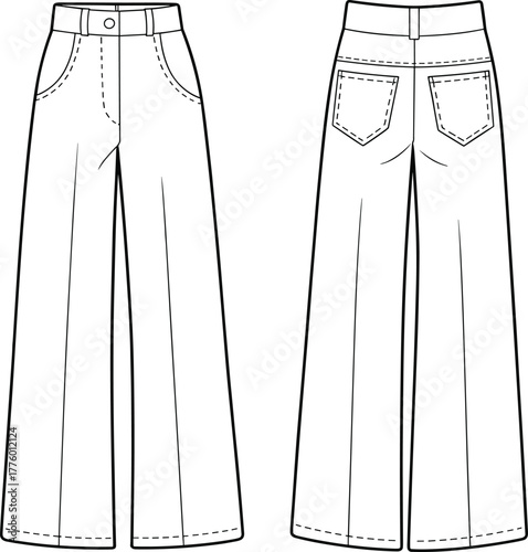 Classic women denim jeans CAD fashion flat sketch, wide leg pants vector template, stylish clothing technical apparel design illustration
