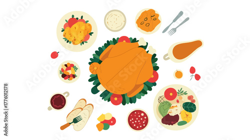 A festive thanksgiving dinner spread with roasted turkey and sides