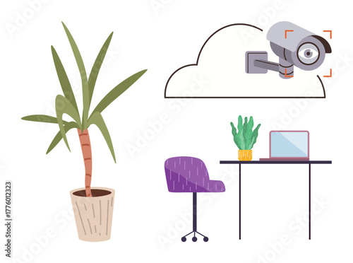 Workspace with desk, chair, laptop, potted indoor plants, paired with a cloud-connected surveillance camera. Ideal for productivity, security, privacy, digital work remote setup modern offices
