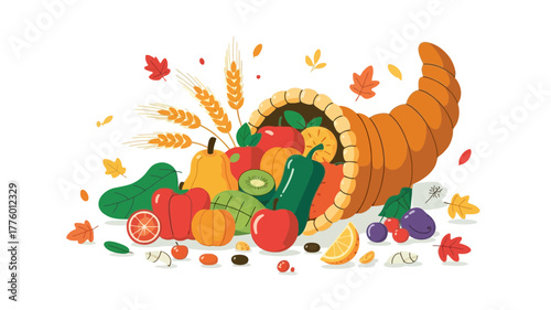 Abundant cornucopia overflowing with fresh fruits and vegetables