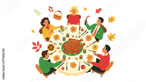 Family enjoys a festive thanksgiving dinner with a roasted turkey