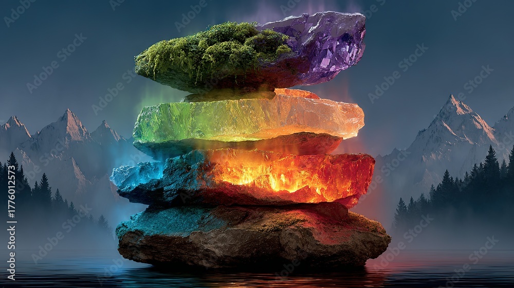 Fototapeta premium Stack of colorful rocks with mountain background and glowing light effects.
