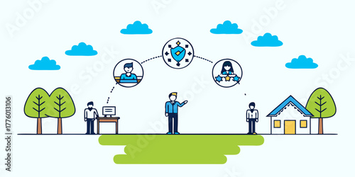 Illustration showing a network connecting people with a house and nature elements around them