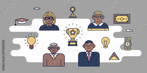 Illustration of diverse professionals with symbols of success and achievement around them