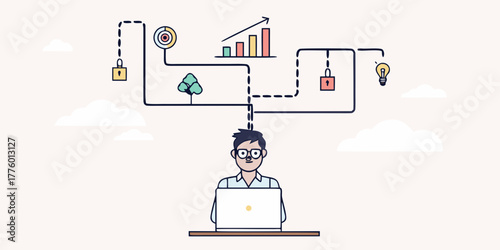 Illustration of a man working on a laptop with connected business and security concepts above him