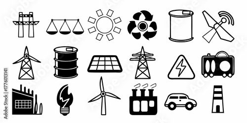 Illustration showcasing various energy and environmental icons in a simple black and white design style