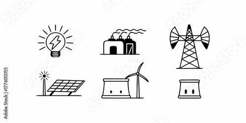 Illustration of various energy sources including solar, wind, nuclear, and fossil fuels power generation