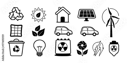 Illustration of environmental and energy icons including recycling and renewable sources of power