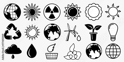 Collection of environmental and energy related icons including earth sun and recycling symbols present