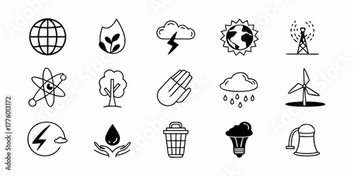 Collection of environmental and ecological icons including renewable energy and nature concepts design 100