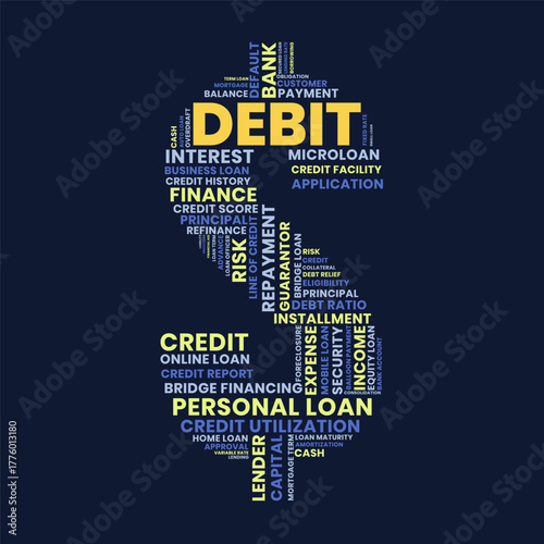 Debit and loan finance word cloud shaped like a dollar sign concept illustration