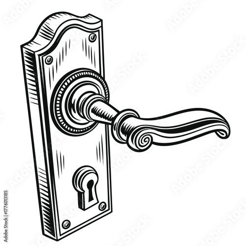 Hand-drawn vintage doorknob with an ornate handle and keyhole isolated on a white background