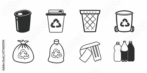Collection of recycling icons including cans, bins, bags, bottles, and a broom for waste management