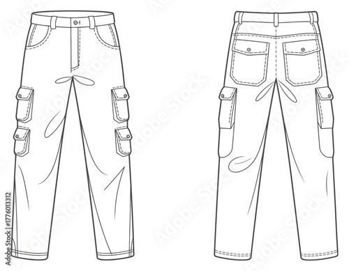 Technical flat vector illustration of men’s cargo pants front and back view with flap pockets and detailed stitching for apparel design specs